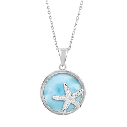 Sterling Silver Round Larimar with Starfish Pendant ,