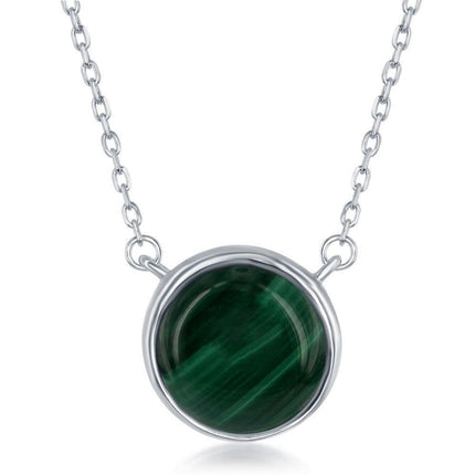 Sterling Silver Round Malachite Bezel Set Necklace ,
