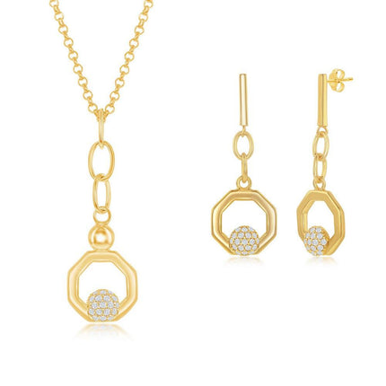 Sterling Silver Round Micro Pave CZ Open Hexagon Pendant & Earrings Set With Chain - Gold Plated ,