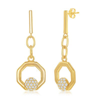 Sterling Silver Round Micro Pave CZ Open Hexagon Pendant & Earrings Set With Chain - Gold Plated ,