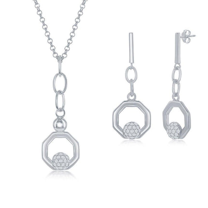 Sterling Silver Round Micro Pave CZ Open Hexagon Pendant & Earrings Set With Chain ,