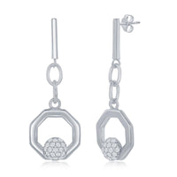 Sterling Silver Round Micro Pave CZ Open Hexagon Pendant & Earrings Set With Chain ,