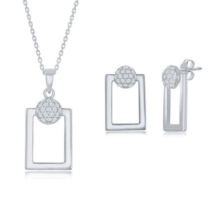Sterling Silver Round Micro Pave CZ Open Rectangle Pendant & Earrings Set With Chain ,