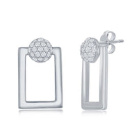 Sterling Silver Round Micro Pave CZ Open Rectangle Pendant & Earrings Set With Chain ,