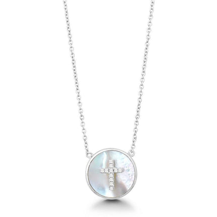 Sterling Silver Round MOP Center CZ Cross Necklace ,