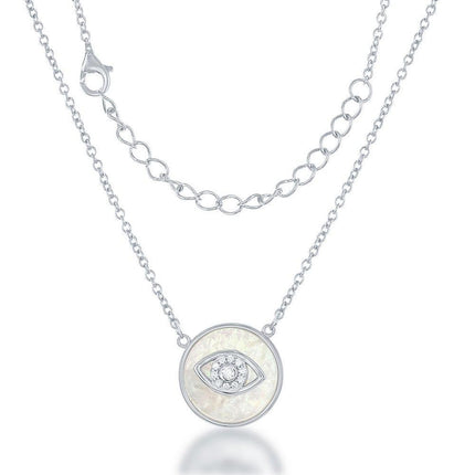 Sterling Silver Round MOP CZ Evil Eye Necklace ,