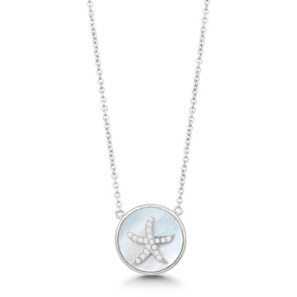 Sterling Silver Round MOP CZ Starfish Necklace ,