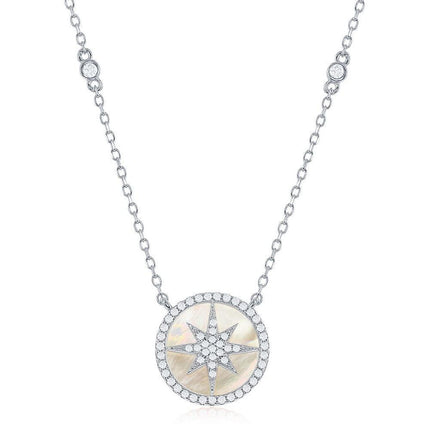 Sterling Silver Round MOP with Center Micro Pave Star Necklace ,
