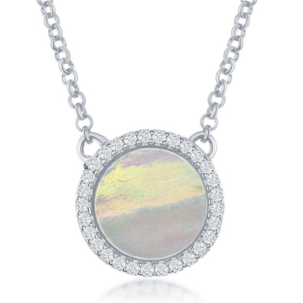 Sterling Silver Round MOP with CZ Border Necklace ,