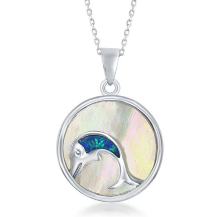 Sterling Silver Round MOP with Dolphin Pendant ,