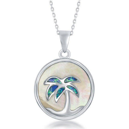 Sterling Silver Round MOP with Palm Tree Pendant ,