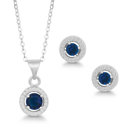 Sterling Silver Round Navy Blue CZ Pendant and Earrings Set ,