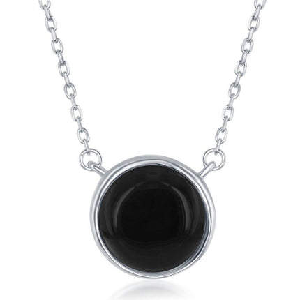 Sterling Silver Round Onyx Bezel Set Necklace ,