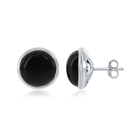Sterling Silver Round Onyx Bezel Set Stud Earrings ,