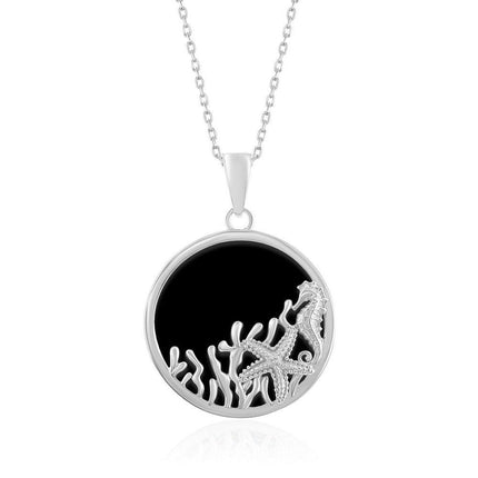 Sterling Silver Round Onyx with Starfish and Seahorse Pendant ,