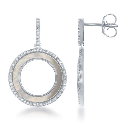 Sterling Silver Round Open MOP CZ Circle Earrings ,