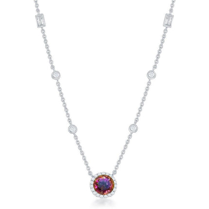 Sterling Silver Round Rainbow and Clear CZ Necklace ,