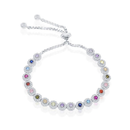 Sterling Silver Round Rainbow CZ Adjustable Bolo Bracelet ,