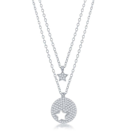 Sterling Silver Round Star Cut-Out & Star Double Strand Necklace ,