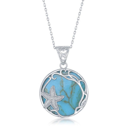 Sterling Silver Round Turquoise Starfish Pendant ,