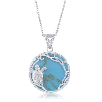 Sterling Silver Round Turquoise with Turtle Pendant ,