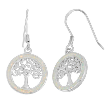 Sterling Silver Round White Inlay Opal Earrings ,