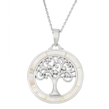 Sterling Silver Round White MOP with Center Tree of Life Pendant ,