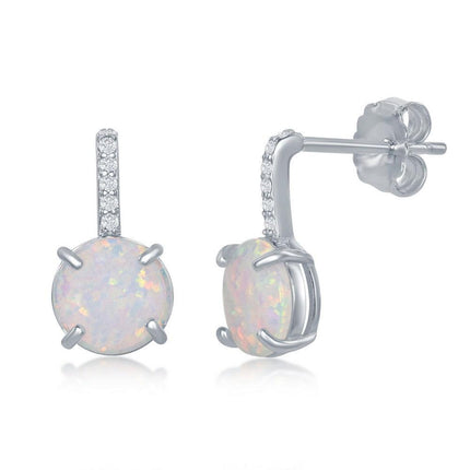 Sterling Silver Round White Opal CZ Bar Earrings ,
