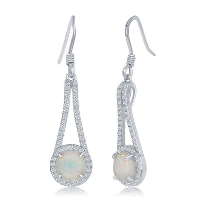 Sterling Silver Round White Opal Halo Long Earrings ,