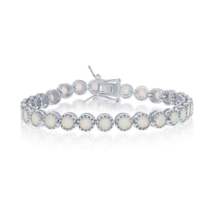 Sterling Silver Round White Opal with Beaded Border Bracelet ,