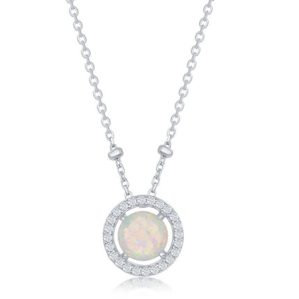Sterling Silver Round White Opal with CZ Halo Beads Necklace ,