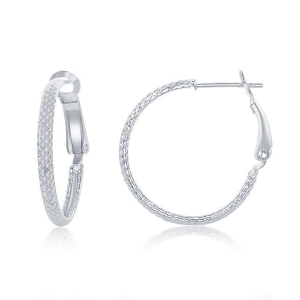 Sterling Silver Rounded Checkered Hoop Earrings, 25 mm ,
