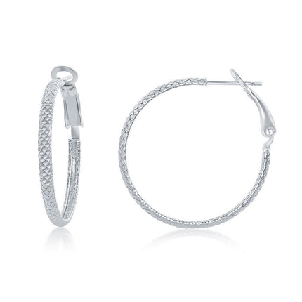 Sterling Silver Rounded Checkered Hoop Earrings, 30 mm ,