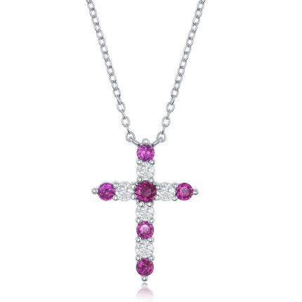 Sterling Silver Ruby CZ July Birthstone Cross Necklace ,