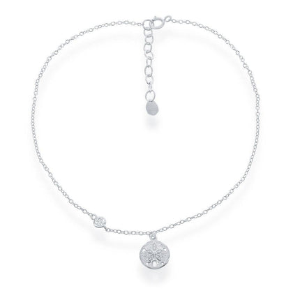 Sterling Silver Sand Dollar with Single CZ Anklet ,