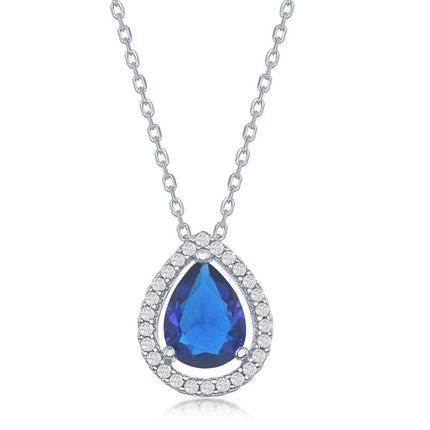 Sterling Silver Sapphire CZ Pear Shaped Pendant ,
