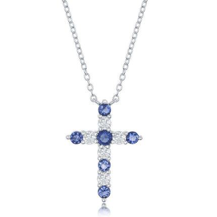 Sterling Silver Sapphire CZ September Birthstone Cross Necklace ,