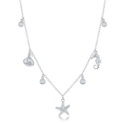 Sterling Silver Sea Shell, Starfish and Seahorse CZ's Necklace ,