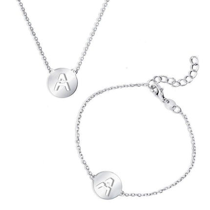 Sterling Silver Shiny 'A' Disc Initial Bracelet and Necklace Set ,
