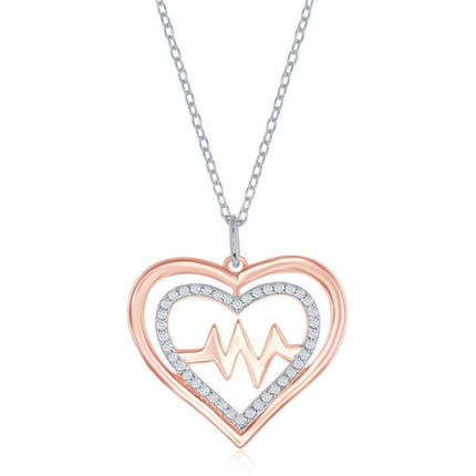 Sterling Silver Shiny and CZ Open Heart & Center Heartbeat Necklace - Rose Gold Plated ,