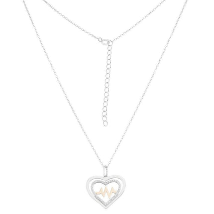 Sterling Silver Shiny and CZ Open Heart with Center Heartbeat Necklace ,