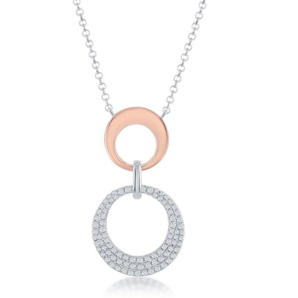 Sterling Silver Shiny and Micro Pave Open Circle Necklace ,