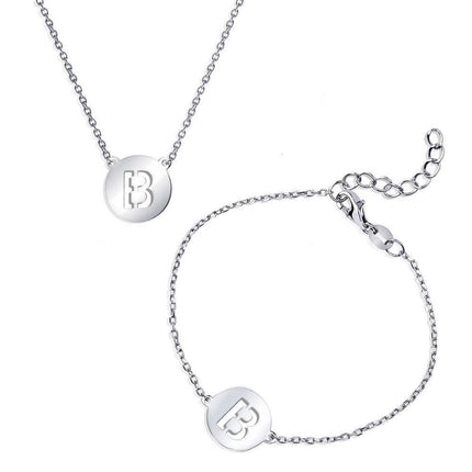 Sterling Silver Shiny 'B' Disc Initial Bracelet and Necklace Set ,