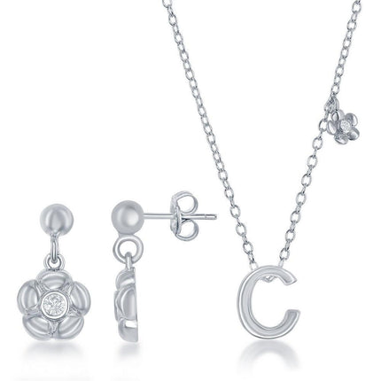 Sterling Silver Shiny "C" Necklace and Earrings Set ,