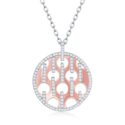 Sterling Silver Shiny Disc with Circle and CZ Bars Necklace ,