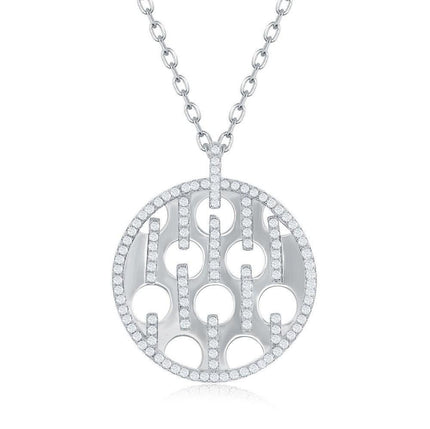 Sterling Silver Shiny Disc with Circle Cut-Outs and CZ Necklace ,