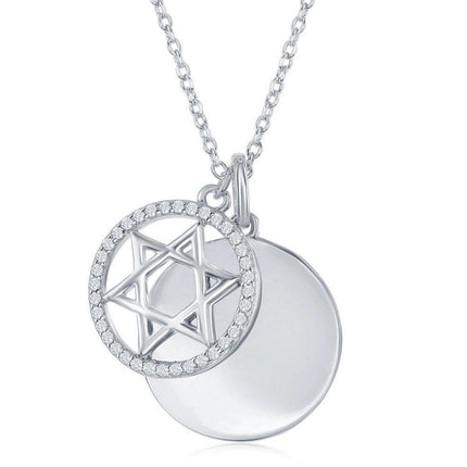 Sterling Silver Shiny Disc with CZ Star of David Necklace ,