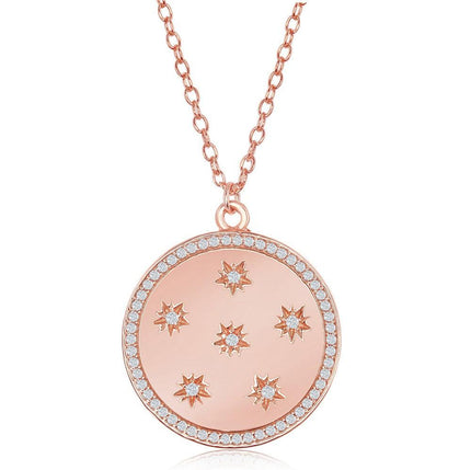 Sterling Silver Shiny Disc with CZ Stars and CZ Border Necklace ,