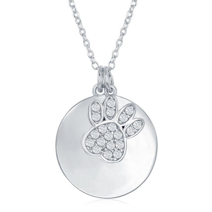 Sterling Silver Shiny Disc with Micro Pave Bear Paw Necklace ,