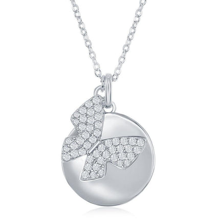 Sterling Silver Shiny Disc with Micro Pave Butterfly Necklace ,
